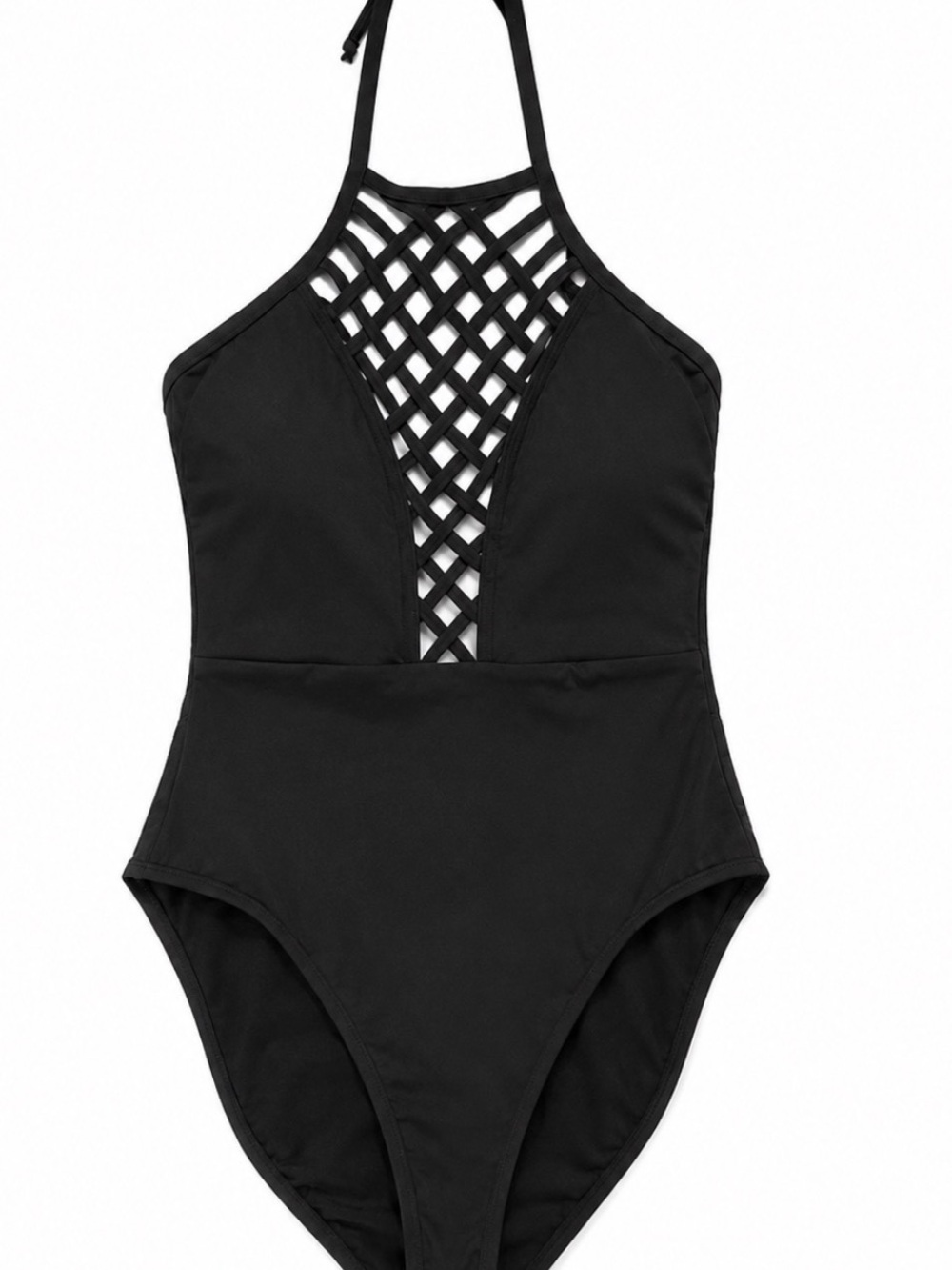 Kenneth Cole Lattice Plunge One Piece Swimsuit Black Halter Size Medium
